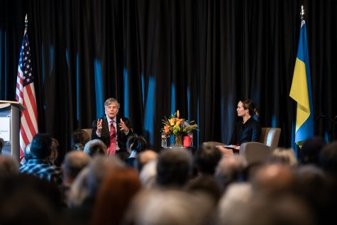 Former U.S. Ambassador to Ukraine William Taylor speaks on the ongoing conflict between Ukraine and Russia at the Colorado State University International Symposium in the Lory Student Center Feb. 28.