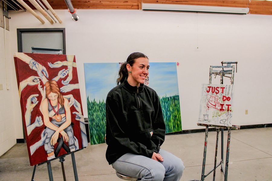 Colorado State University student-athlete Sydney Mech with her three favorite works of art in the Visual Arts gallery