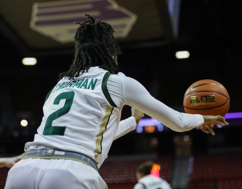 Colorado State University guard Destiny Thurman inbounds the ball during the 2023 Mountain West Basketball Championships quarterfinal game against Boise State University in the Thomas & Mack Center in Las Vegas March 6. The Rams won 59-52 and will meet the University of Wyoming Cowgirls in the semifinals Tuesday evening.