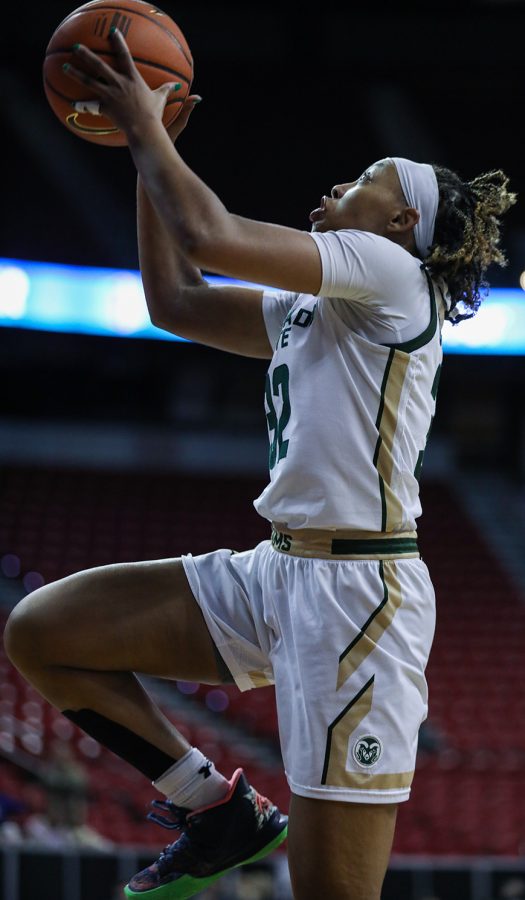 Colorado State University guard Cailyn Crocker (32) puts up a shot at the 2023 Mountain West Basketball Championships quarterfinal game against Boise State University in the Thomas & Mack Center in Las Vegas March 6. The Rams won 59-52, with Crocker contributing a significant six rebounds and two steals.