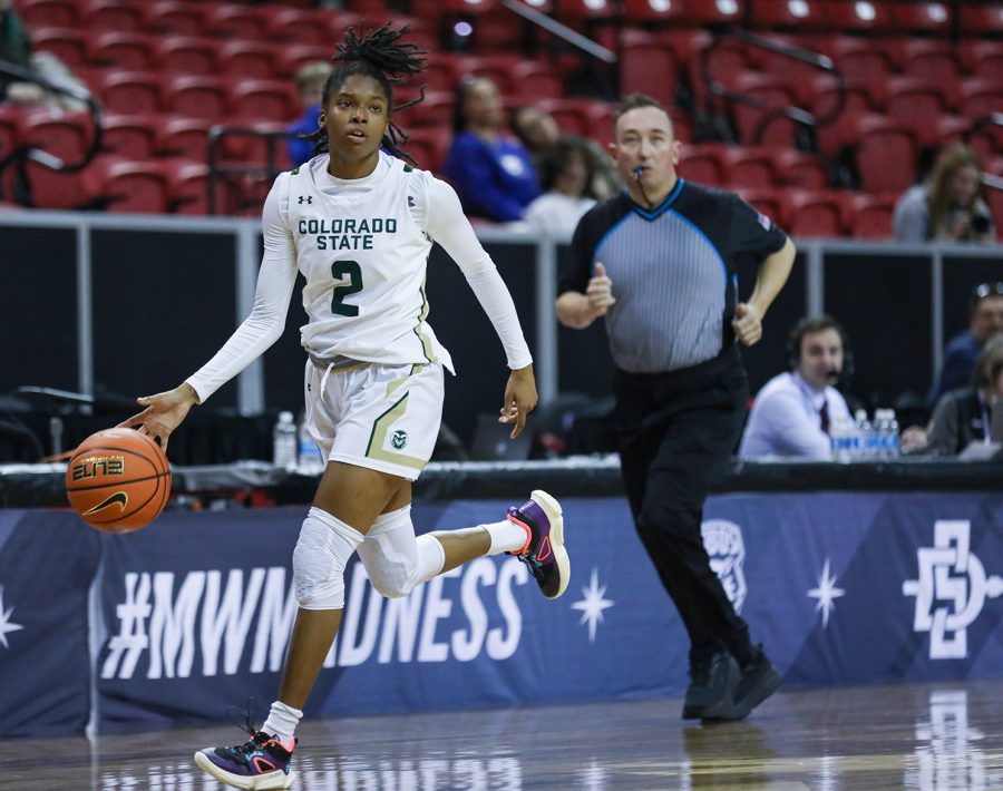 Colorado State University guard Destiny Thurman (2) runs up the side of the court during the Rams game against Boise State University in the Thomas & Mack Center in Las Vegas March 6. CSU won 59-52 to advance to the semifinals of the 2023 Mountain West Basketball Championships.