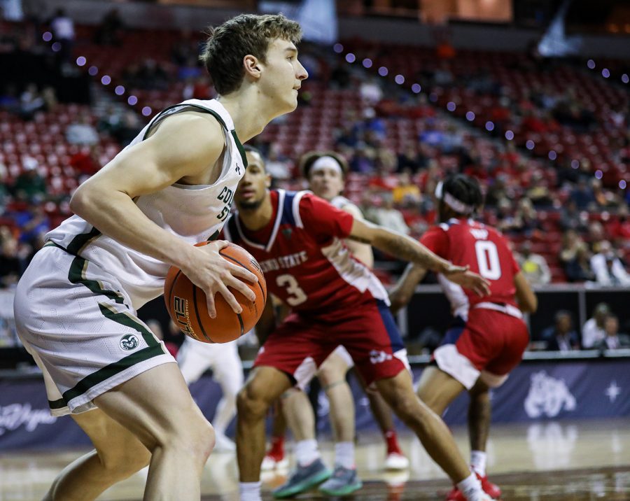 Colorado State University junior guard Baylor Hebb (5) inbounds the ball during the Rams game against California State University, Fresno in the Thomas & Mack Center in Las Vegas March 8, 2023. CSU won 67-65 and will advance to the quarterfinals of the 2023 Mountain West Basketball Championships.