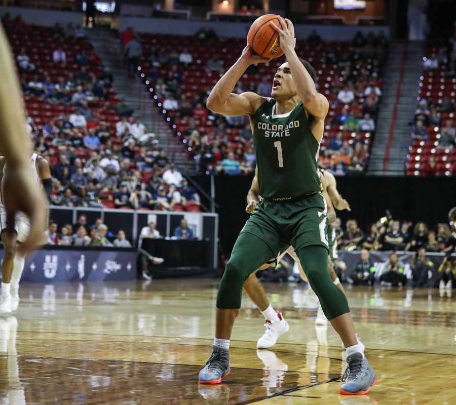 Colorado State University John Tonje (1) puts up a shot in the Thomas & Mack Center in Las Vegas March 9, 2023. The Rams lost to first seed San Diego State University 64-61 in the quarterfinals of the 2023 Mountain West Basketball Championships. Tonje led the team in scoring with 17 points.