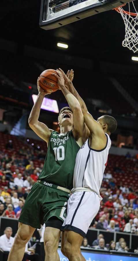 Colorado State University forward James Moors (10) goes up for a shot under the basket in the Thomas & Mack Center in Las Vegas March 9, 2023. The Rams lost 64-61 in the quarterfinals of the 2023 Mountain West Basketball Championships.