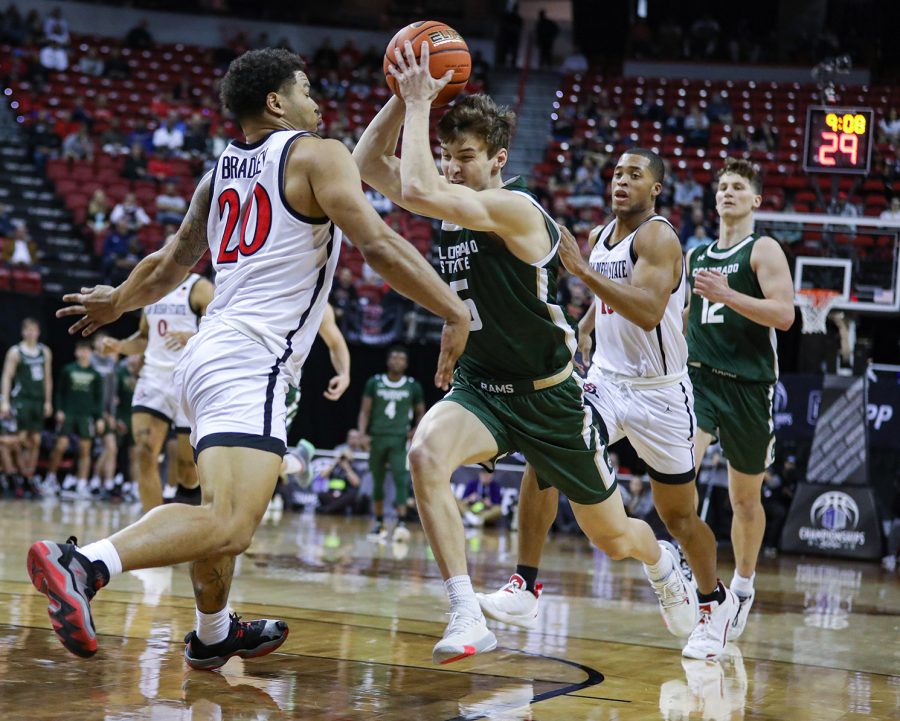 Colorado State University guard Baylor Hebb (5) begins a layup off a steal from San Diego State University  in the Thomas & Mack Center in Las Vegas March 9, 2023. The Rams lost 64-61 to SDSU in the quarterfinals of the 2023 Mountain West Basketball Championships.