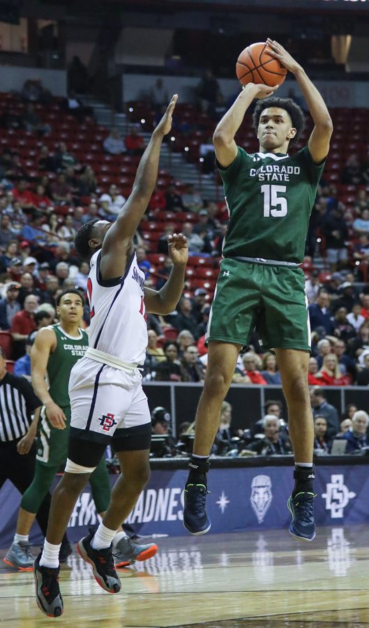 Colorado State University guard Jalen Lake (15) hits a jump shot in the Thomas & Mack Center in Las Vegas March 9, 2023. The Rams lost 64-61 to San Diego State University in the quarterfinals of the 2023 Mountain West Basketball Championships.