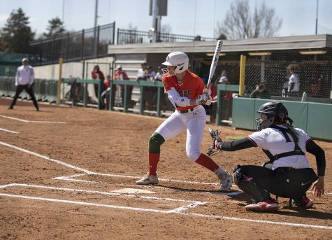 Colorado State University junior Molly Gates (4) watches a pitch from San Diego State University at Ram Field March 19, 2023. To start Mountain West Conference play, the Rams won their series against the Aztecs 2-1.