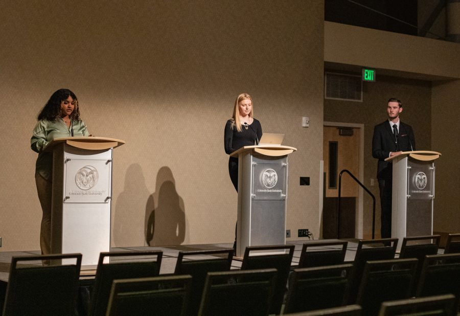 Associated Students of Colorado State University speaker of the senate candidates Ava Ayala and Hayden Taylor listen to CTV Entertainment Director Naomi Hillmer at the speaker of the senate debate in the Lory Student Center Ballroom A March 28.