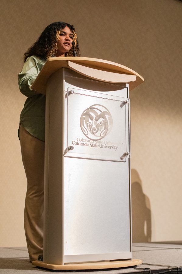 Associated Students of Colorado State University speaker of the senate candidate Ava Ayala explains her leadership mentality at the speaker of the senate debate in the Lory Student Center Ballroom A March 28, 2023.