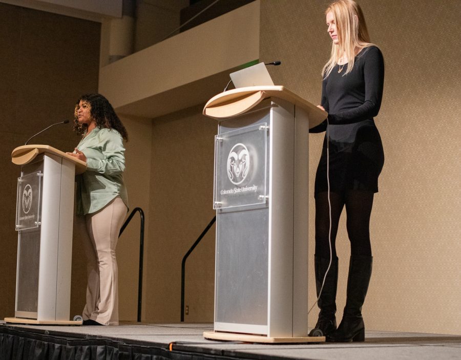 Associated Students of Colorado State University speaker of the senate candidate Ava Ayala discusses her goals for the ASCSU senate at the speaker of the senate debate in the Lory Student Center Ballroom A March 28, 2023.