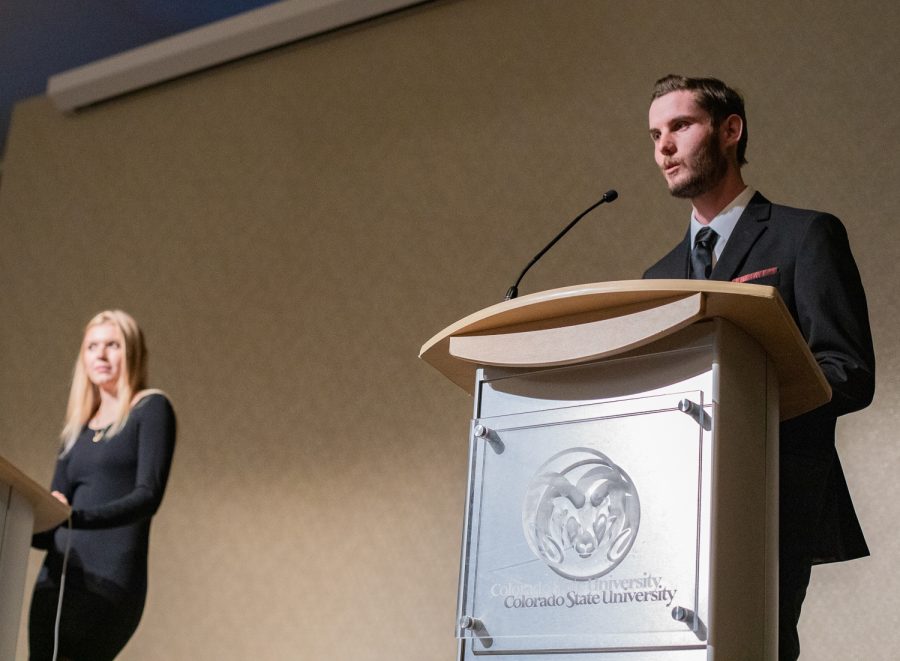 Associated Students of Colorado State University speaker of the senate candidate Hayden Taylor discusses his goals for the ASCSU senate at the speaker of the senate debate in the Lory Student Center Ballroom A March 28, 2023.