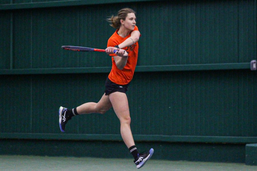 Graduate+student+Emily+Dush+extends+out+for+a+shot+in+a+singles+matchup+against+Creighton+University+at+the+Fort+Collins+Country+Club+March+19.+CSU+won+5-1.+