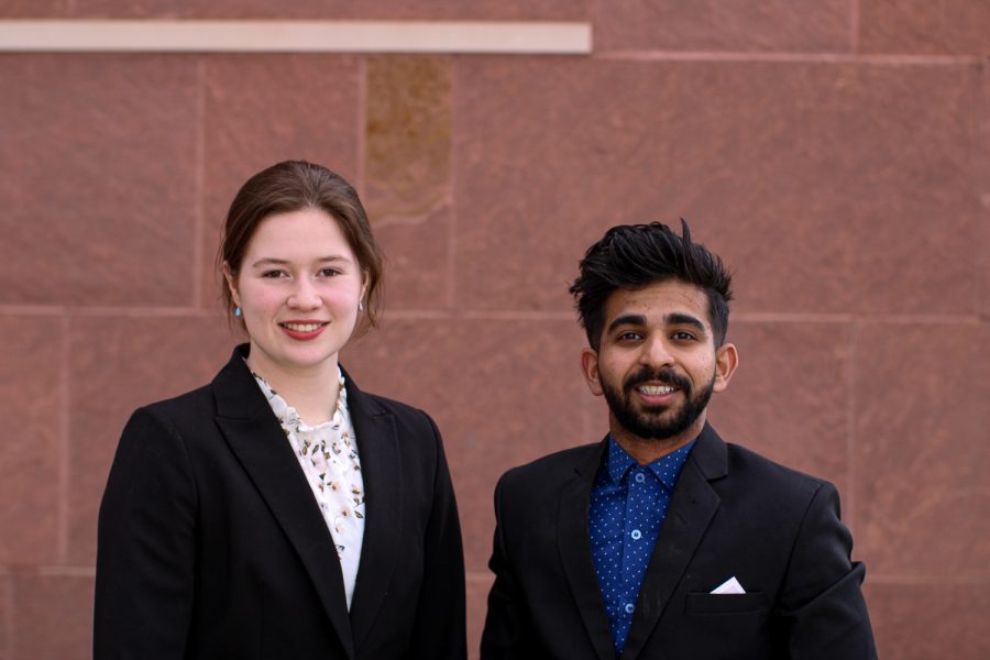 Jessica Laffey and Rithik Correa prepare for the Associated Students of Colorado State University election outside of the Lory Student Center March 23.