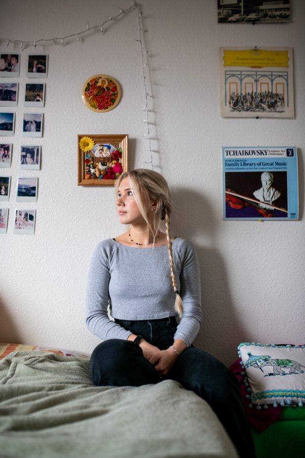 Ukrainian Colorado State University student Lucie Michelizzi in her Fort Collins home March 8. Michelizzi has been separated from much of her family in Ukraine, including her grandmother who is battling breast cancer, and her partner who died fighting for Ukrainian independence in August. 