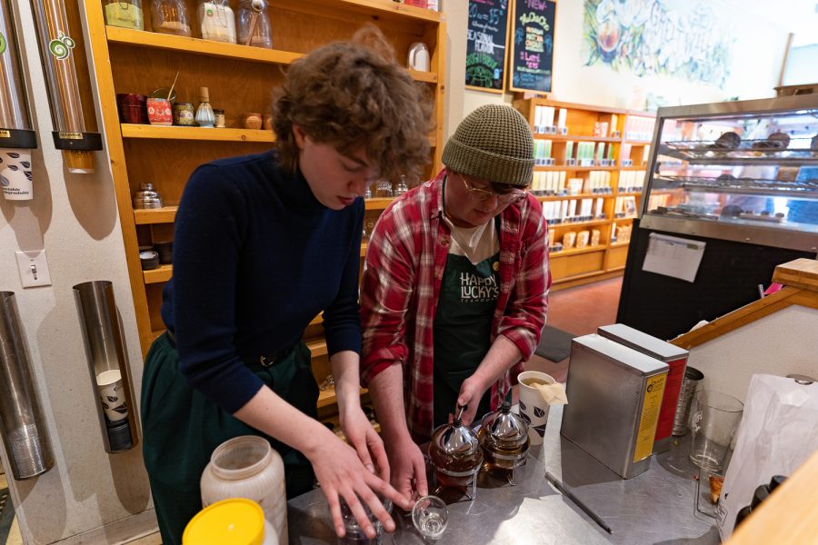 Happy Luckys Teahouse leafsters Diane McGovern and Axel Stokes prepare tea together March 26. We have a little bit of everything, says McGovern. Everything from herbal and rooibos to green tea, black tea, oolong, white tea, even one yellow tea.