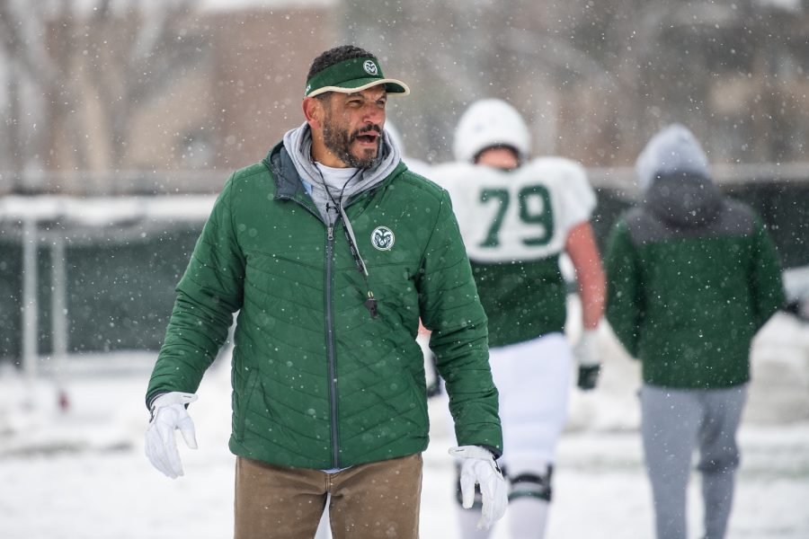 Colorado State University head football coach Jay Norvell yells to players during practice April 4. Norvell, who is the third CSU football head coach since 2015, will lead the Rams for a second season this fall.
