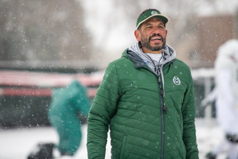 Colorado State University head football coach Jay Norvell yells to players during practice April 4. Norvell is the 24th head football coach at CSU and previously led the University of Nevada Wolf Pack from 2017-2021. The 2023 season will be Norvells second leading the Rams. 