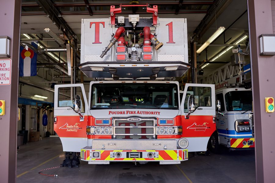 Poudre Fire Authority’s Tower 1 truck remains parked at PFA’s Station 1 with the doors open to allow for a fast response time to the call April 1.