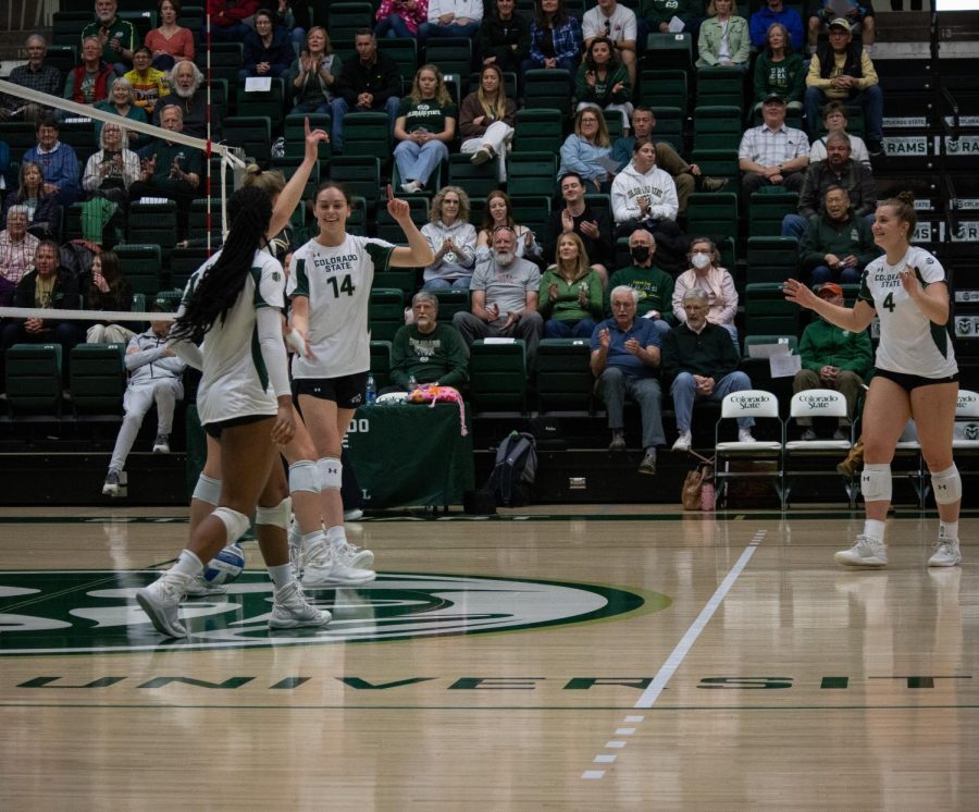 CSU players after winning the game point in the second set against CU Boulder.