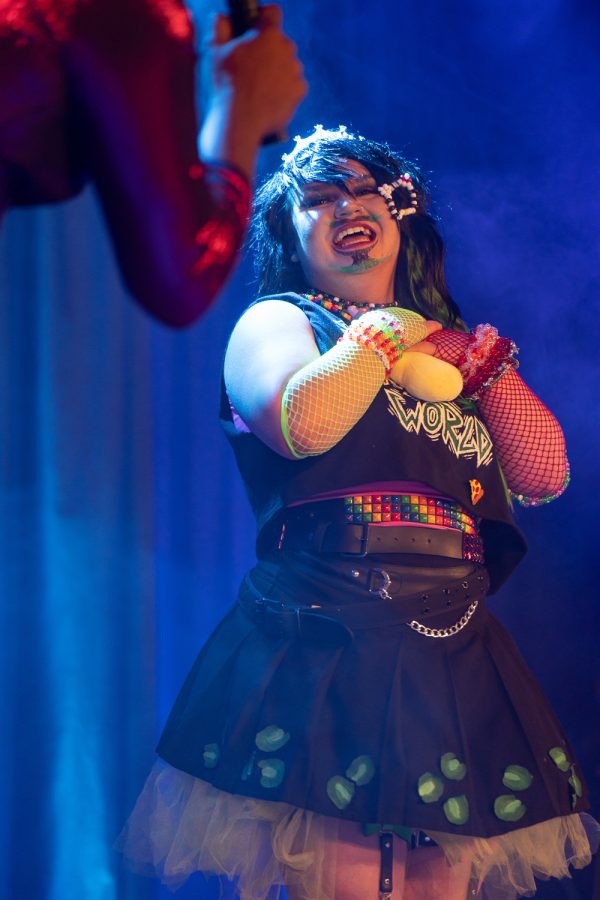 Le Gateau Chocolat congratulates 17-year-old Evan Essence for being the youngest drag performer at the Colorado State University Drag Show after his performance to When I Rule the World by Liz in the Lory Student Center Grand Ballroom April 9.