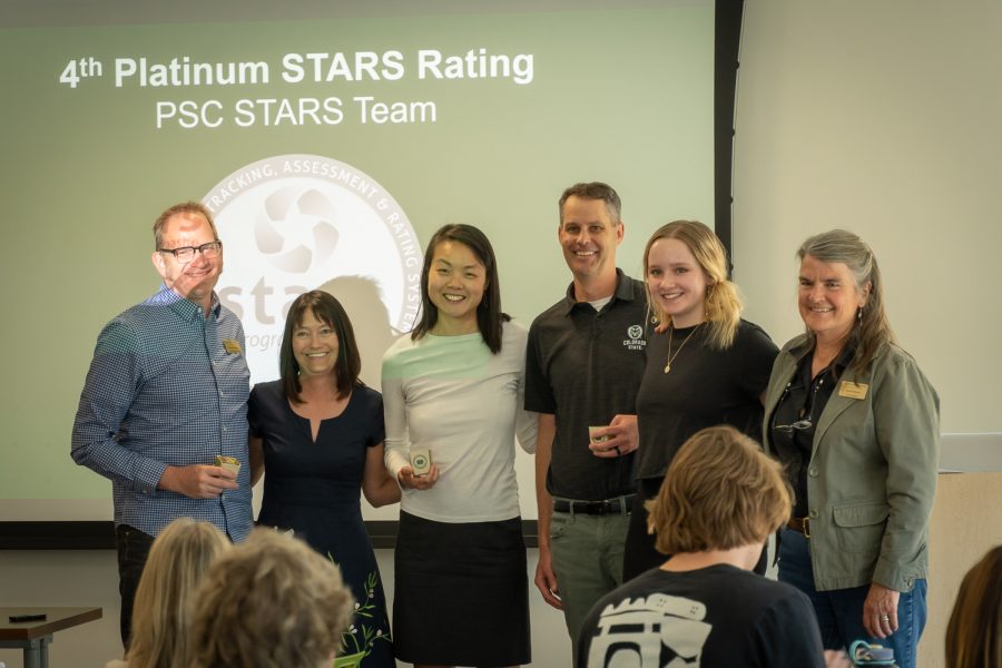 Stacey Baumgarn, Tonie Miyamoto, Mary Liang, Nik Olsen, Fran Letts and Carol Dollard of Colorado State Universitys Sustainability Tracking, Assessment & Rating System team was recognized for CSUs fourth straight Platinum STARS rating in a row April 18.