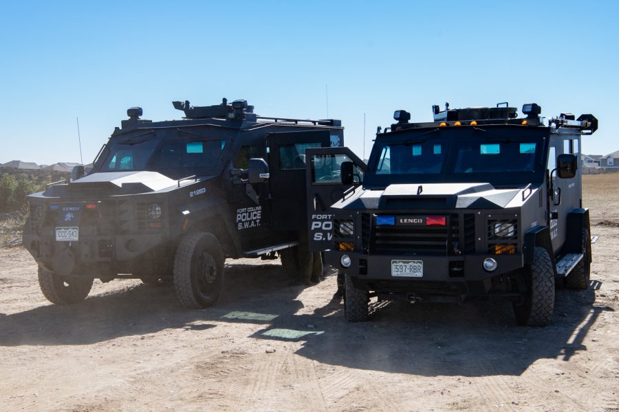 Both of the Fort Collins Police Services Special Weapons and Tactics teams Lenco BearCat armored vehicles staged during a monthly practice Oct. 19, 2022.