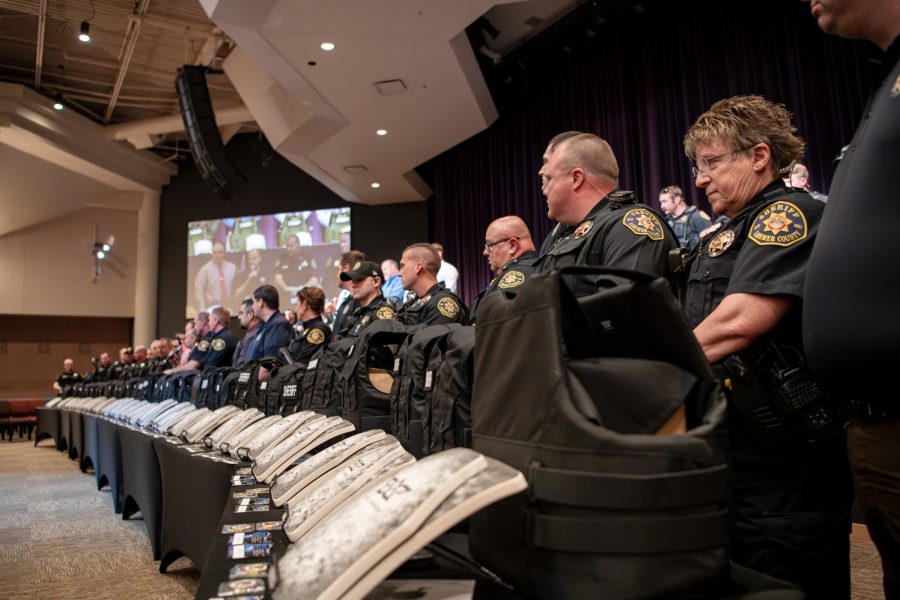Deputies of the Larimer County Sheriffs Office stand behind their donated rifle vests at the Timberland Church in Fort Collins Colorado April 21. Sheild 616 facilitated the donation from local community members who wanted to provide deputies with rifle-rated body armor.