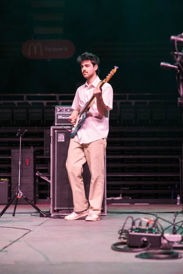 Peyton Harrington, touring bassist for Dayglow, performs “Hot Rod” during RamFest at Moby Arena April 27. Hot Rod is one of the band’s most popular songs, with over 216 million plays on Spotify.