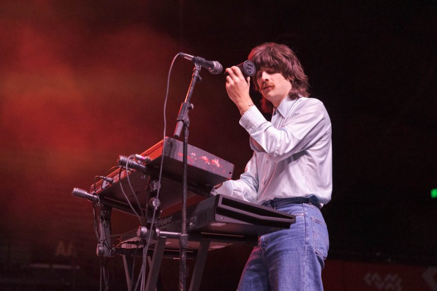 Norrie Swofford, touring keyboardist for Dayglow, performs “Then It All Goes Away” during RamFest at Moby Arena April 27.