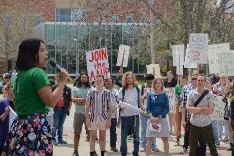A member of the Graduate Workers Organizing Cooperative gives a speech during the groups May 4, 2023 protest on The Plaza. Speakers railed against Colorado States administration, saying they were cutting student, staff and faculty wages to fund projects like Canvas Stadium and CSU Spur.