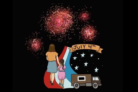 A graphic of a mother and daughter walking down a red, white and blue striped path facing fireworks in the distance. At the base of the path is a small brown truck.