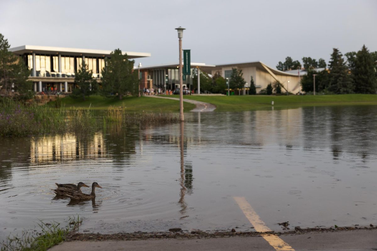 Ducks+swim+across+a+flooded+bike+path+next+to+the+Lory+Student+Center+Lagoon+at+Colorado+State+University+Aug.+1.+The+Lagoon+was+one+of+the+only+areas+to+remain+flooded+after+the+July+31+storm.