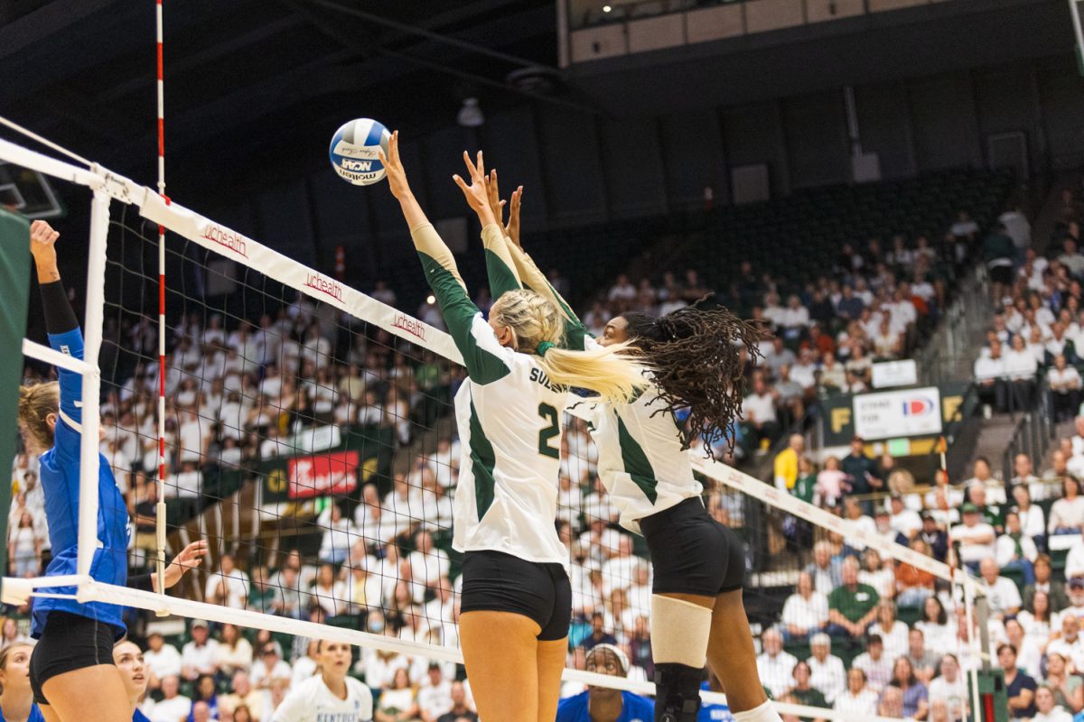 Colorado+State+University+outside+hitter+Annie+Sullivan+%282%29+and+Middle+Blocker+Naeemah+Weathers+%289%29+block+a+hit+during+the+volleyball+game+against+the+University+of+Kentucky+Aug.+25.+CSU+won+3-1.