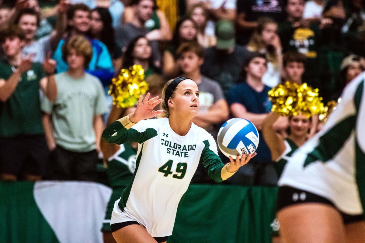 Colorado State University Defensive Specialist Ruby Kayser (49) serves the ball during the volleyball game against Stanford University Aug. 26.