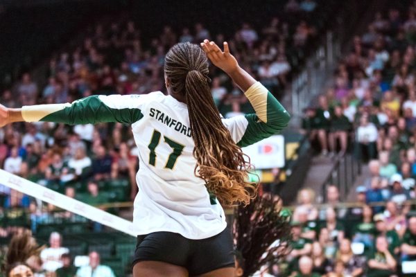 Colorado State University Outside Hitter Kennedy Stanford (17) spikes the ball during the volleyball game against Stanford University Aug. 26.