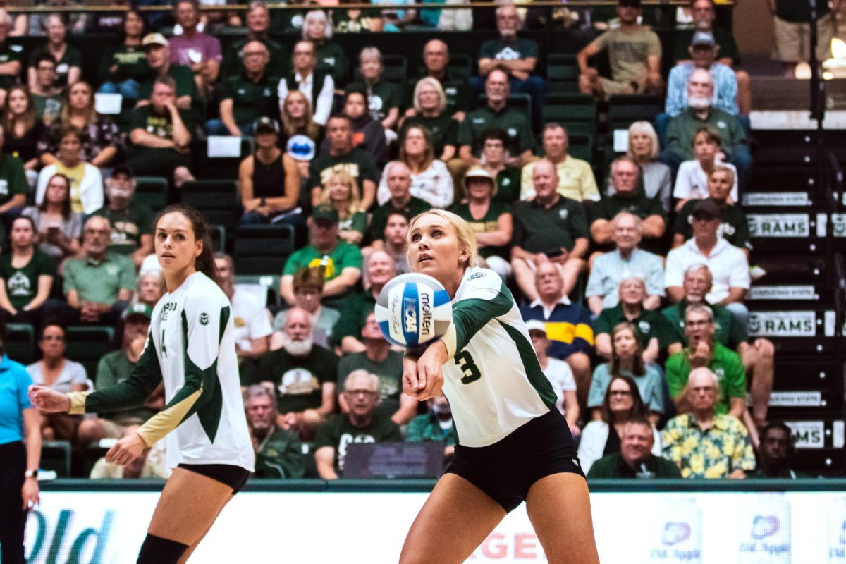 Colorado State University Setter Barrett Power (3) volleys the ball during the volleyball game against Stanford University Aug. 26.