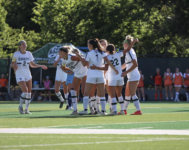 The+Colorado+State+University+Womens+Soccer+team+celebrates+a+goal+scored+by+Mia+Casey+%2822%29+on+August+31.%C2%A0