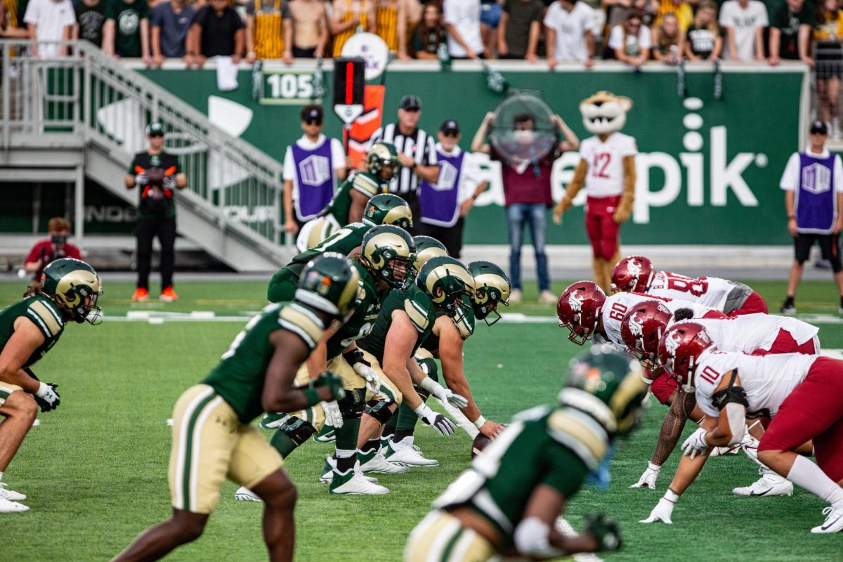 Colorado State University's offensive line prepares for the coming play vs the Washington State University Cougars at Canvas Stadium Sep. 2. CSU lost 24-50. Photo by River Kinnaird.