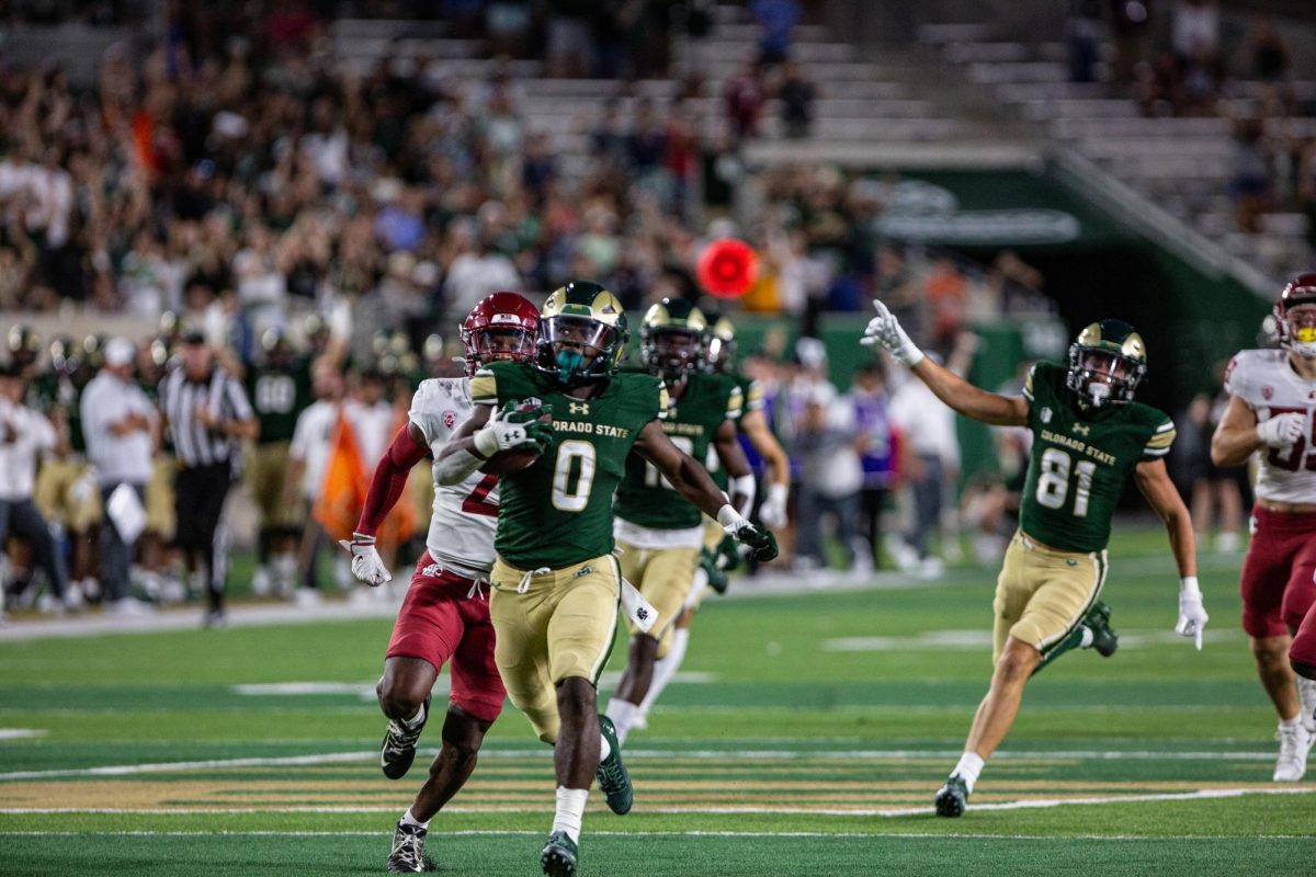 Colorado State University running back Kobe Johnson (0) ran the full field for a punt return and CSUs first touchdown of the game early in the fourth quarter vs the Washington State University Cougars at Canvas Stadium Sep. 2. CSU lost 24-50. Photo by River Kinnaird.