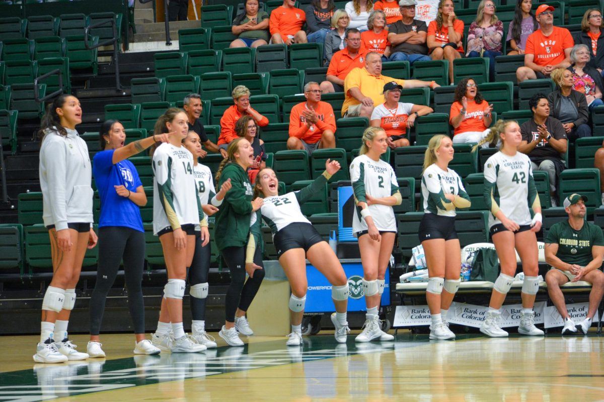 The Colorado State University volleyball team team celebrates a point Sep. 7.