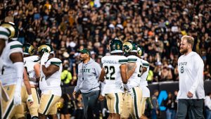 Colorado State University football coach Jay Norvell motivates his team before the Rocky Mountain Showdown game against the University of Colorado Boulder at Folsom Field in Boulder Sept. 16, 2023. CU won 43-35.