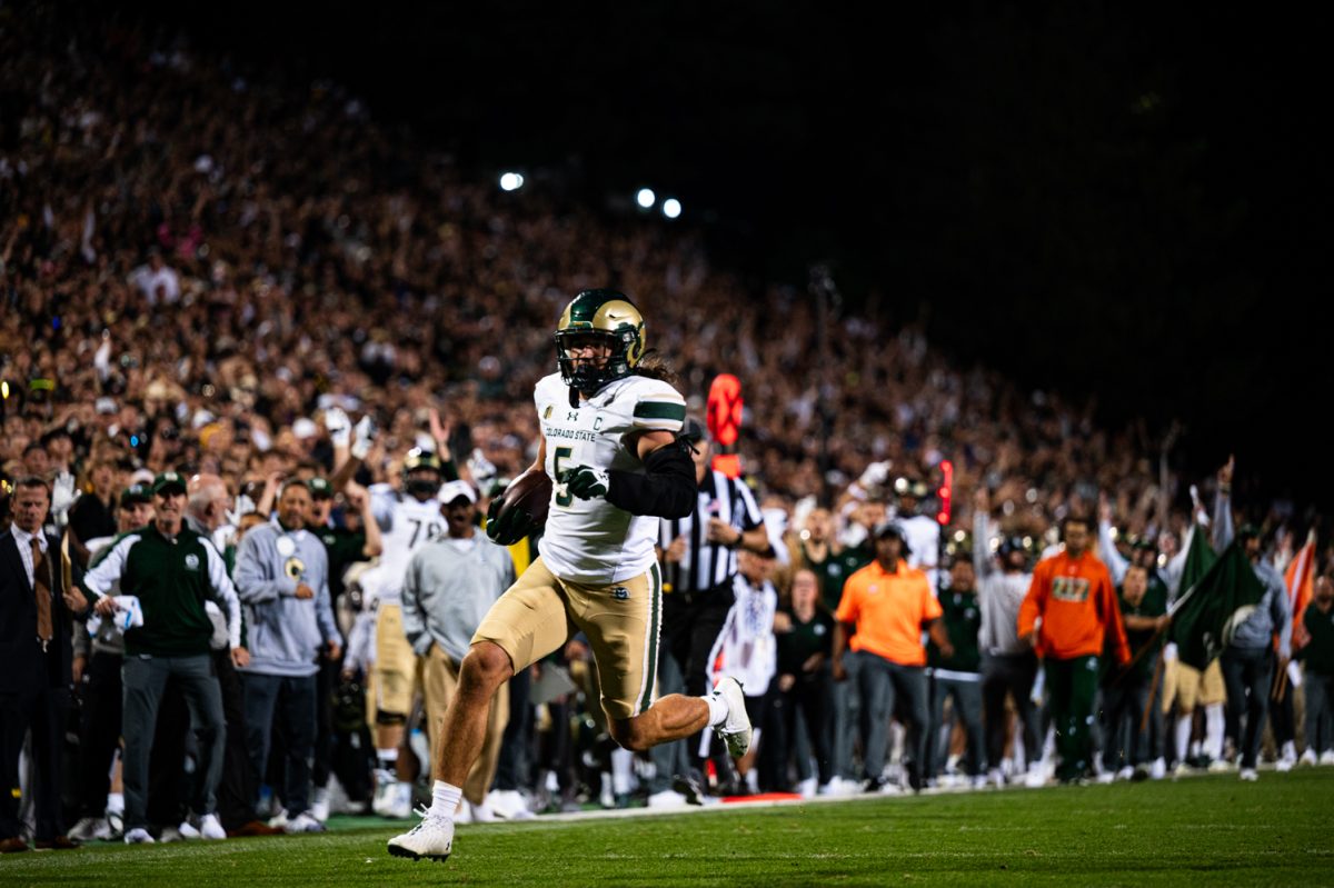 Colorado State University Tight End Dallin Holker (5) scores a touchdown during the Rocky Mountain Showdown against The University of Colorado Boulder Sept. 16. CU won 43-35.