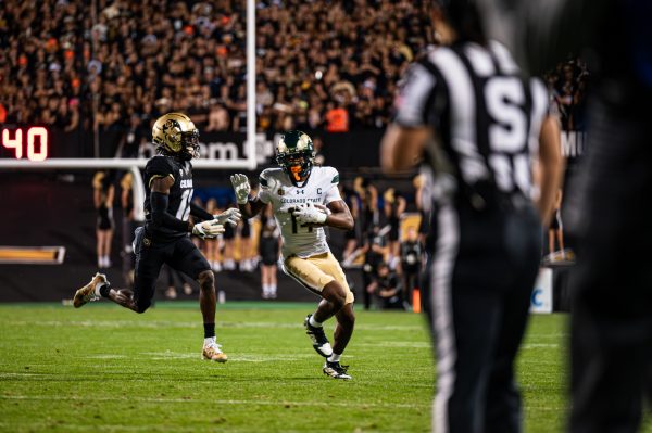 Colorado State University wide receiver Tory Horton (14) dashes toward the sideline during the Rocky Mountain Showdown game against the University of Colorado Boulder at Folsom Field in Boulder Sept. 16, 2023. CSU lost 43-35.