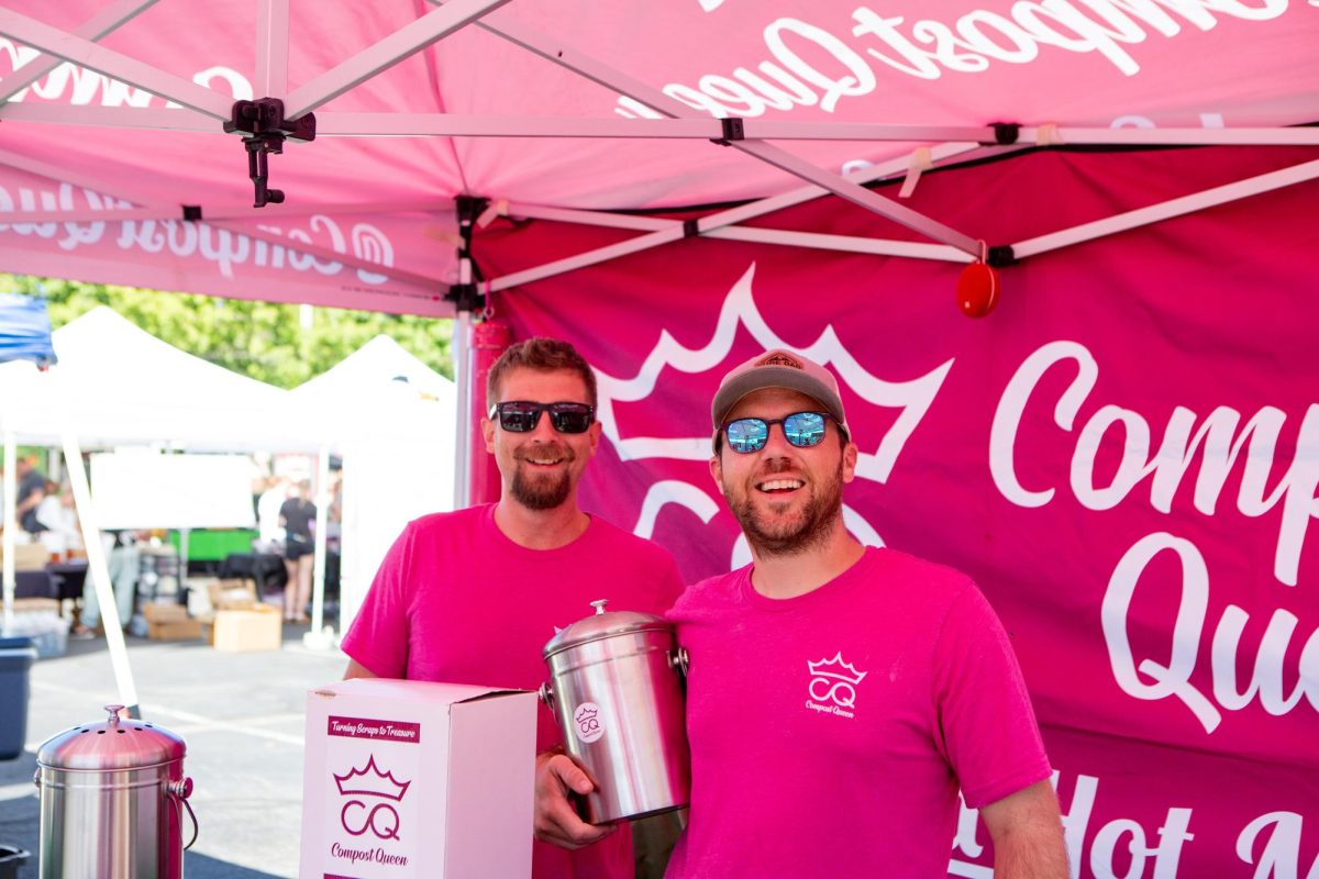 Max Poling (right) and Bryce Blanchard (left) at the Fort Collins Farmers Market with their company Compost Queen Sep. 17. "We needed to find a way to diversify the way we collect and use compost so we came up with Compost Queen," said Poling, "We started asking our friends for material and before we knew it we were working with local farmers and even stopping at houses in Fort Collins that needed composting." Photo by River Kinnaird.