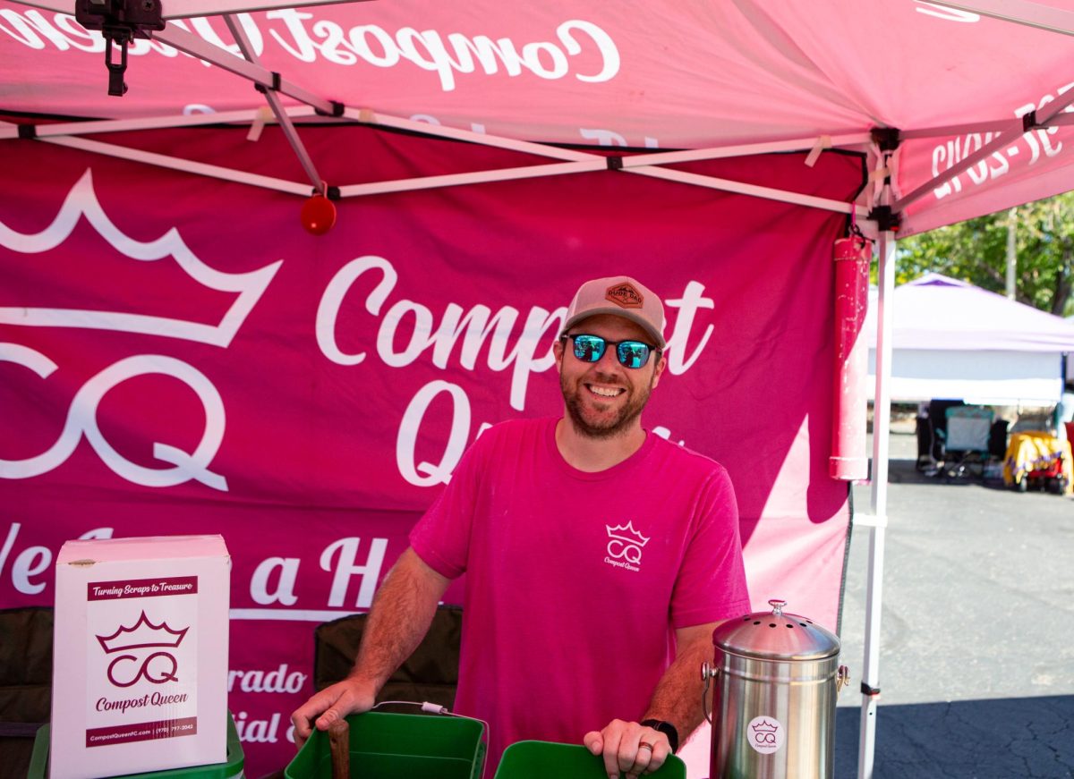 Max Poling, part-owner of Compost Queen, at the Fort Collins Farmers Market located at the Ace Hardware parking lot Sep. 17. "I started this business with my wife so that we could compost for ourselves and neighbors," said Poling, "Before we knew it we had friends, family, and so many more people asking us to compost for them." Photo by River Kinnaird.