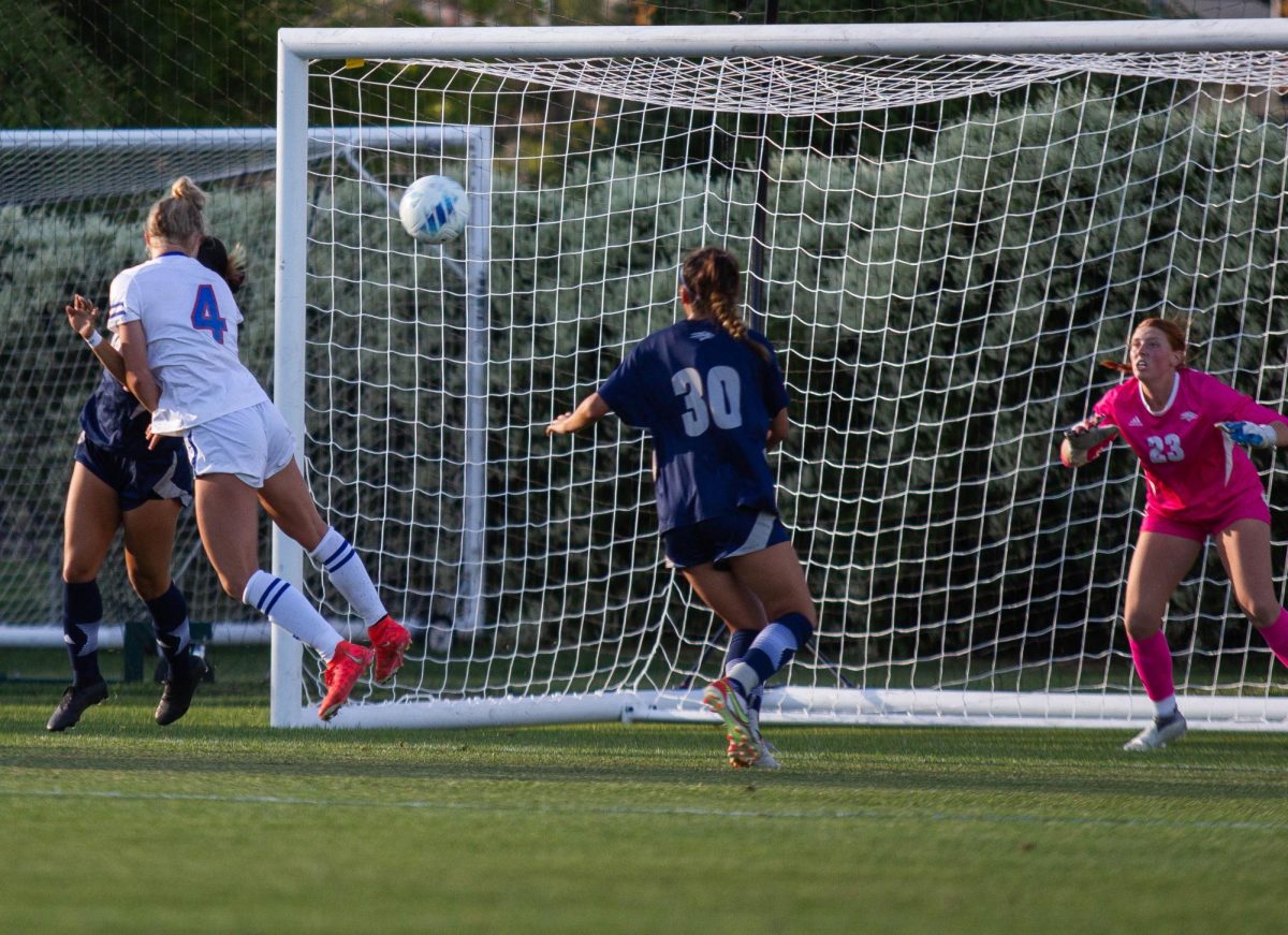 Liv Stutzman goes in for a header to score a goal in a 2-1 lead over the University of Nevada on September 21. Colorado State University won over Nevada with a final score of 2-1.
