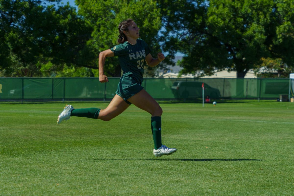 Colorado State University womens soccer midfielder Mia Casey (22) races down the field to catch the ball during a match against the University of Nevada, Las Vegas Sept. 24. CSU tied with UNLV 1-1.