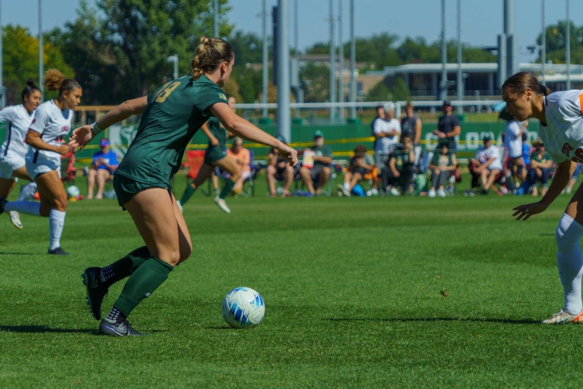Colorado+State+University+Womens+Soccer+forward+Olivia+Fout+%2818%29+dribbles+the+ball+during+a+match+against+University+of+Las+Vegas+Sept.+24.+CSU+tied+with+UNLV+with+a+final+score+of+1-1.%0A