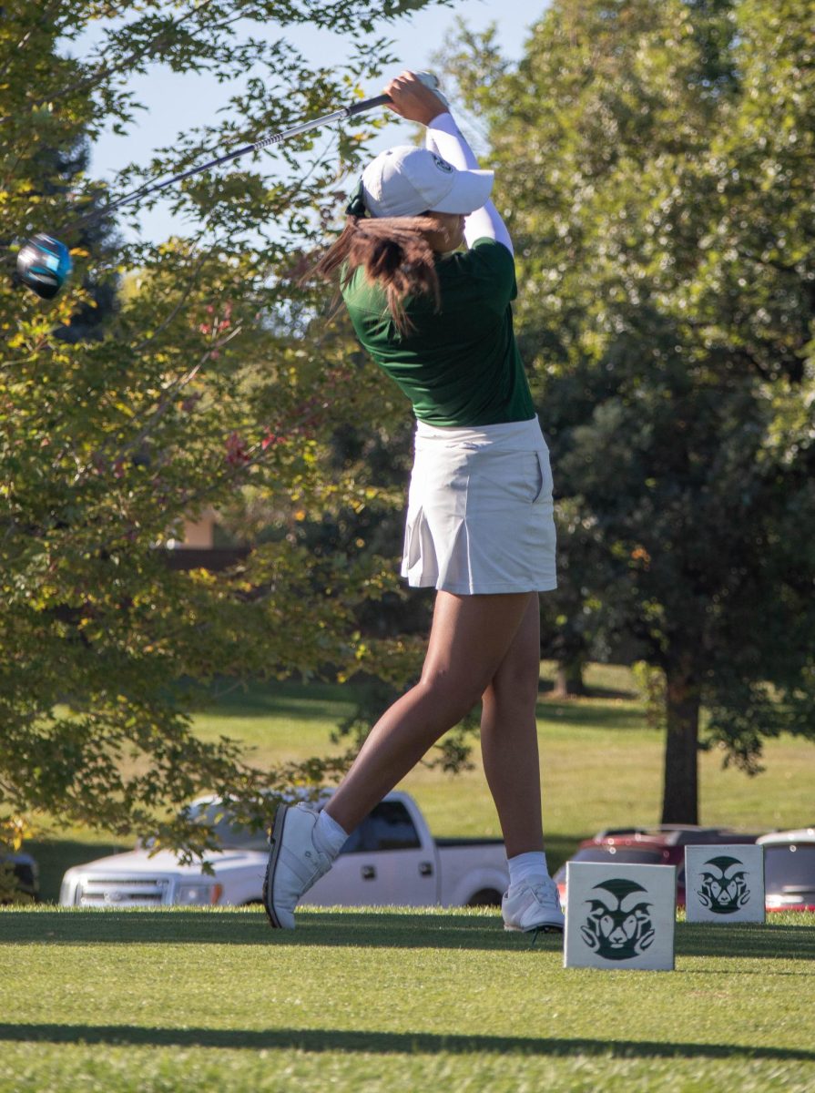 Sofia Torres strikes the ball, starting off the tournament at hole one for the Colorado State Womens Golf team on September 26.