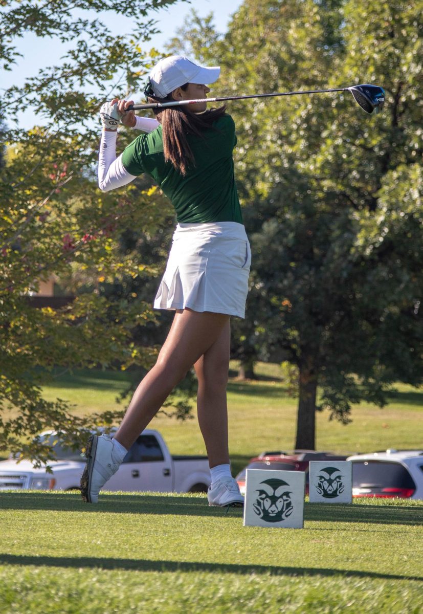 Sofia Torres strikes the ball, starting off the Colonel Wollenberg Ptarmigan Ram Classic tournament at hole one for the Colorado State University womens golf team on Sept. 25.